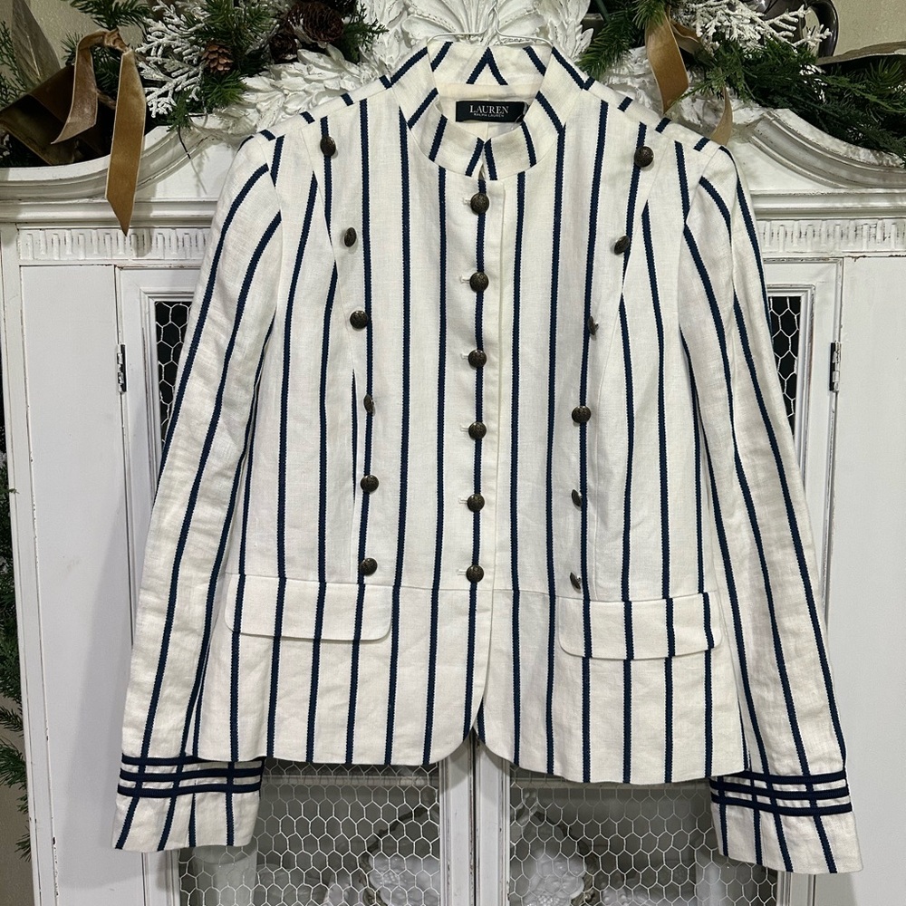 Ralph Lauren Cream Blazer with Navy Vertical Stripes. Size 12. New with tags - Picture 2 of 11
